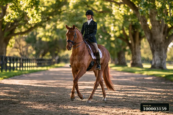 A horse and rider are practicing dressage in a training area surrounded by trees.
