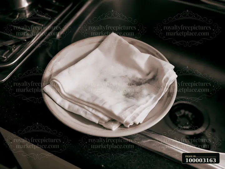 A stack of white cloth napkins shows accidental ink splashes resting on a round dish near a sink.