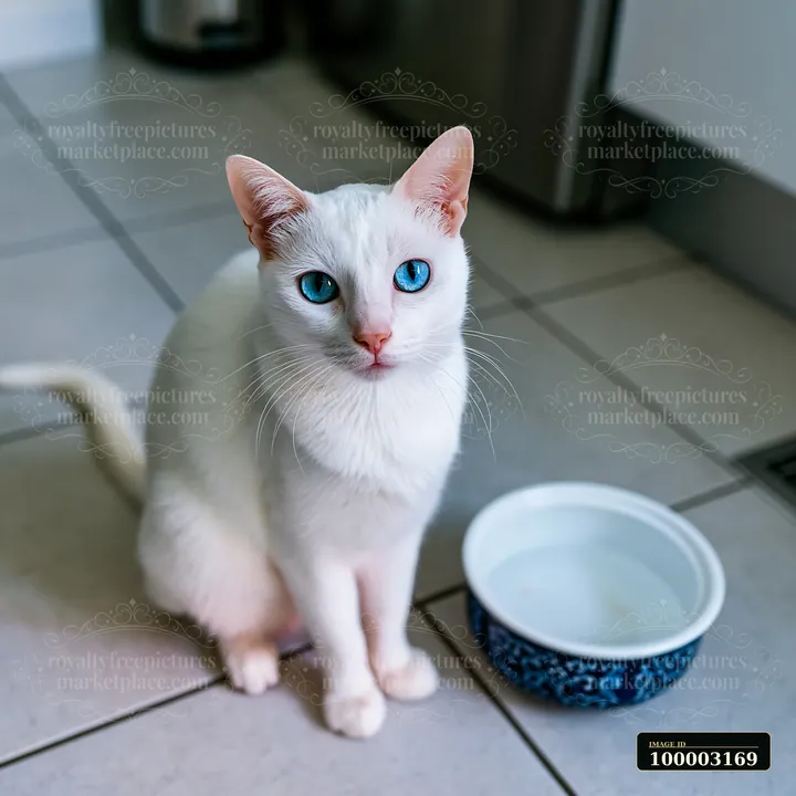 A Khao Manee cat sits on a tiled floor next to a water bowl in a bright kitchen.