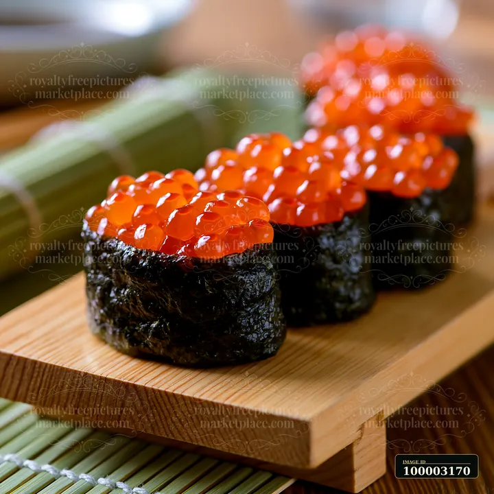 Sushi featuring ikura salmon roe sits neatly on a wooden plate.