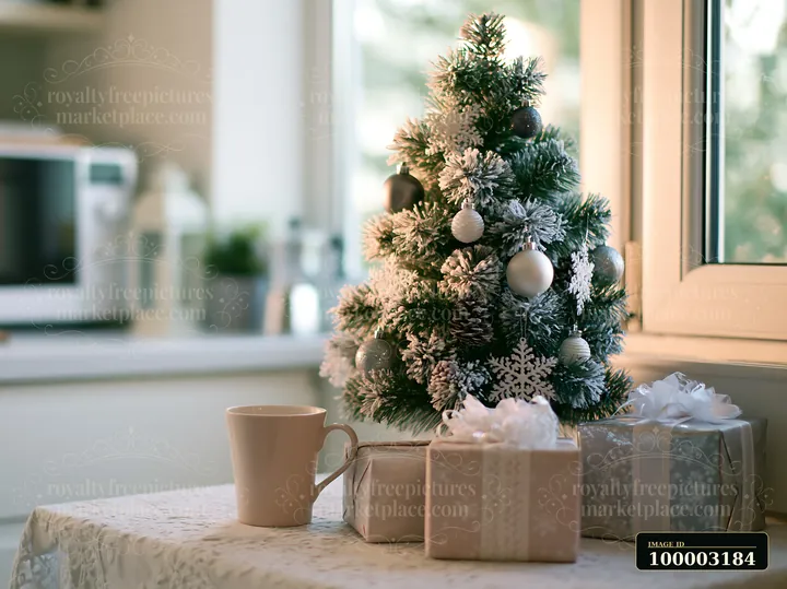 A Christmas tree with monochrome decorations stands on a table next to gift boxes and a cup.