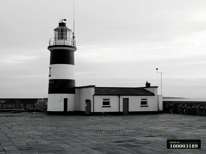 A lighthouse with black and white stripes stands near the ocean on a cloudy day.
