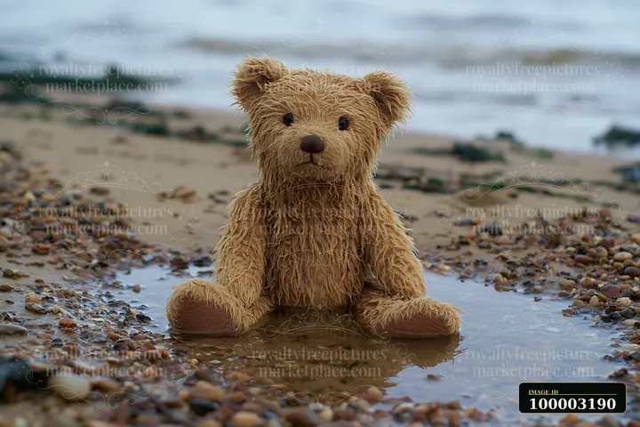 A teddy bear washed up in shallow puddle on a sandy beach near the sea.