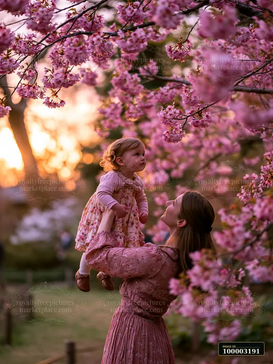 A woman lifts her child while viewing cherry blossoms in Japan at sunset.