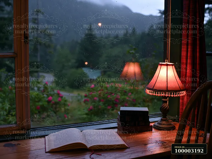 Raindrops slide down the cabin window, revealing a rainy mountain landscape.