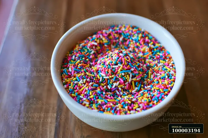 A bowl holds colorful rainbow sprinkles arranged in a swirl.