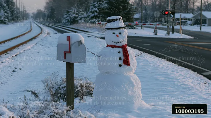 A snowman stands next to a snow-covered mailbox along a snowy road with a train track in the background.