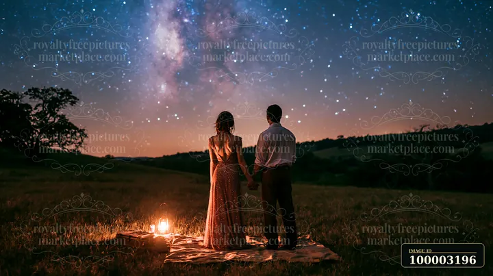 A couple holding hands beneath the night sky stands on a grassy field.