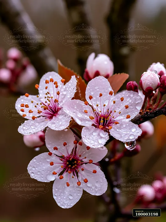 Plum trees flowering in an orchard display clusters of delicate blossoms with water droplets.