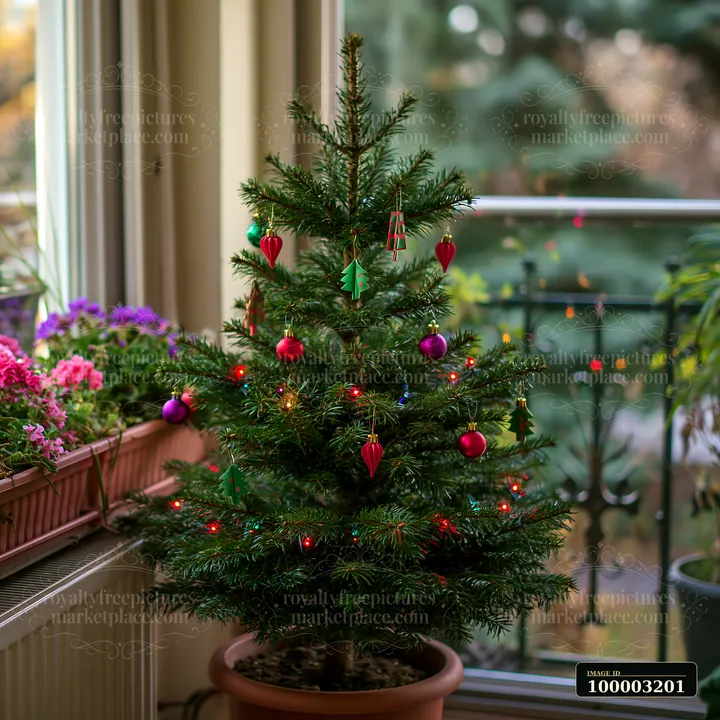 A small Christmas tree decorated with colorful ornaments and lights stands on a balcony surrounded by potted flowers and greenery.