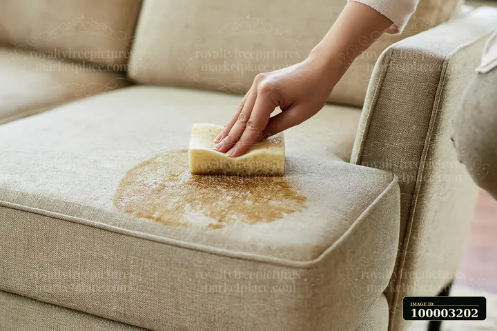 A hand uses a sponge cleaning upholstery stain on a light fabric couch in a living room setting, showing the action of stain removal.