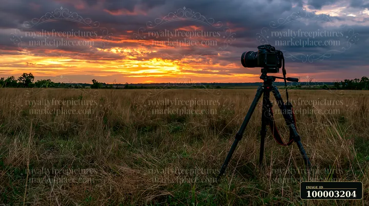 A camera on tripod facing a meadow under a colorful sky at sunset.