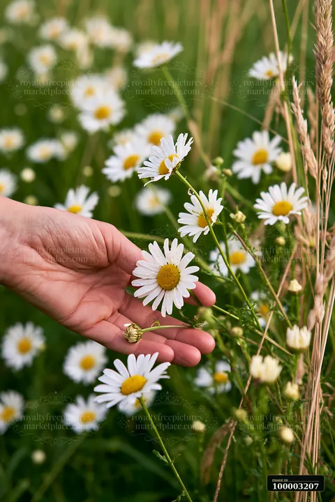 A person picks wild meadow flowers, focusing on bright daisies among green grass.
