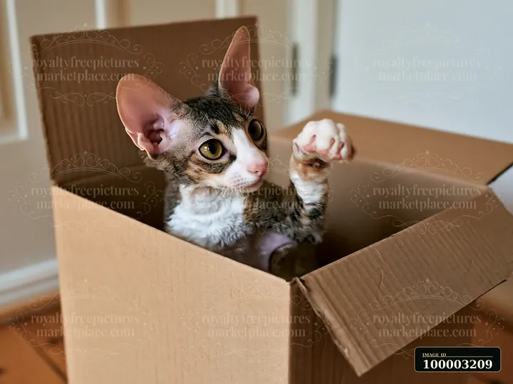 A Cornish Rex cat is playing inside a cardboard box, exploring its surroundings with curiosity.