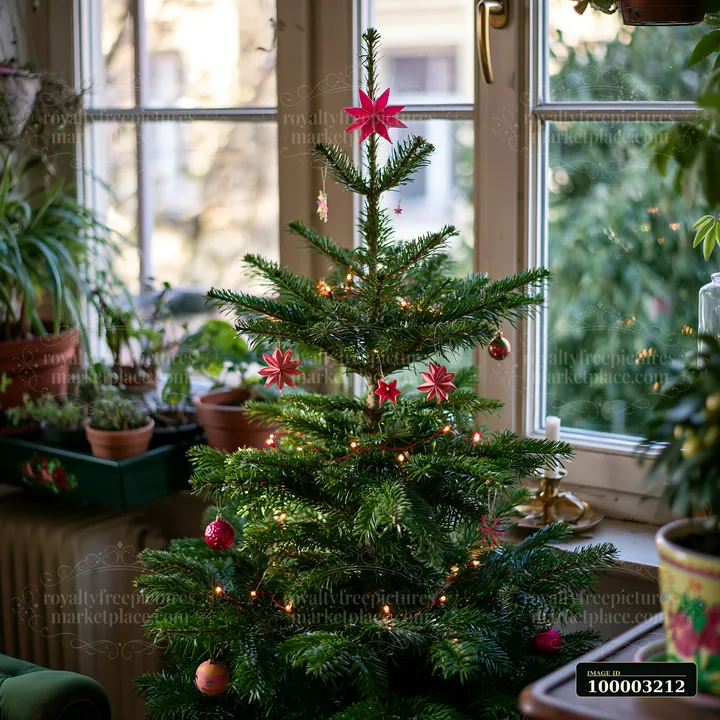 A decorated Christmas tree stands on a balcony surrounded by plants.