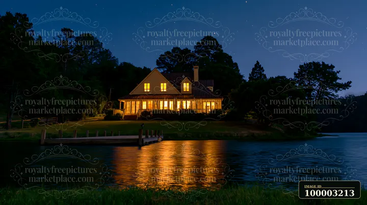 A villa beneath a star-filled sky sits by a calm lake, with warm lights from its windows reflecting on the water.
