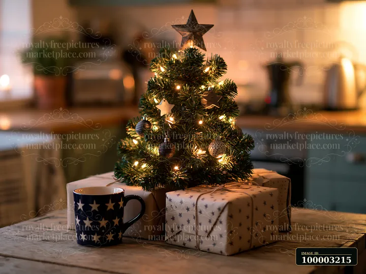 A small Christmas tree with monochrome decorations is placed on a wooden table surrounded by wrapped gifts, adding a festive touch to a cozy kitchen setting.