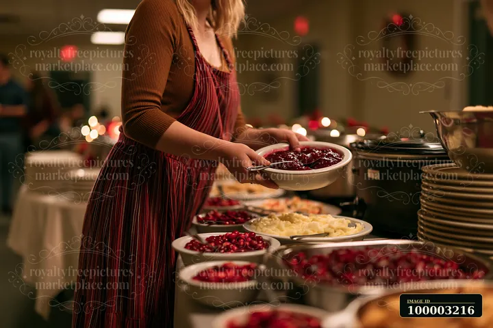 A person serves food from a table filled with different dishes during a holiday buffet dinner in a festive setting.