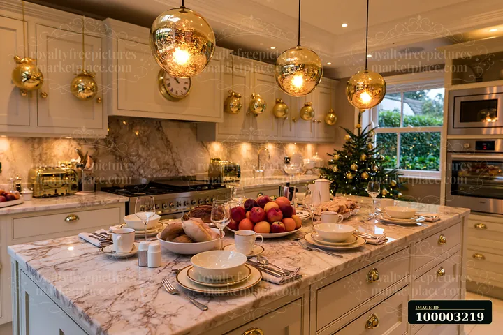 This kitchen features a marble countertop with a dining setup, decorated with gold ornaments, and a Christmas tree in the background.