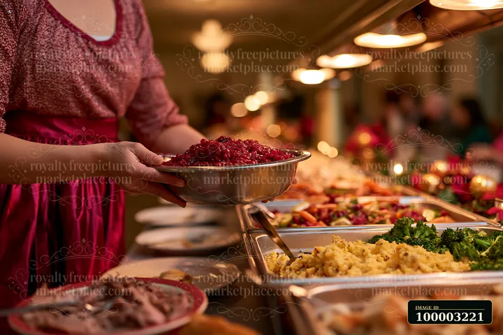 A person serves cranberry sauce from a bowl at a holiday buffet dinner in a warm setting.