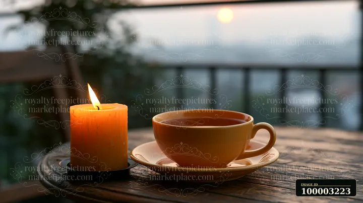 A candle with copy space on right burns beside a cup of tea on a wooden table.