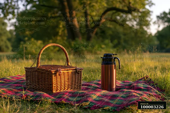 A picnic basket and a thermos sit on a plaid blanket in the grass of a freshly mowed meadow.