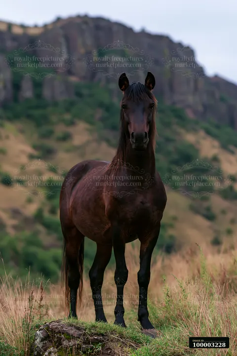 A group of wild horses stands near canyon cliffs, showcasing their strength and beauty against the rocky backdrop.
