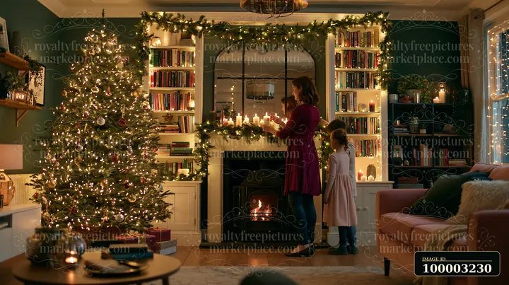 A woman places candles on a mantel while a child watches in a festive living room.