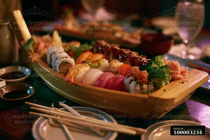 A wooden boat holds various sushi pieces, including rolls and sashimi, at a restaurant table.