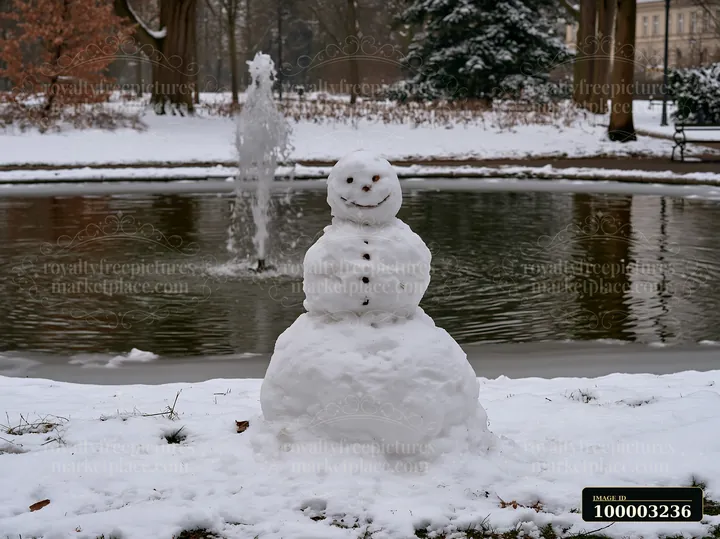 A snowman in a city park stands in front of a pond with a fountain.