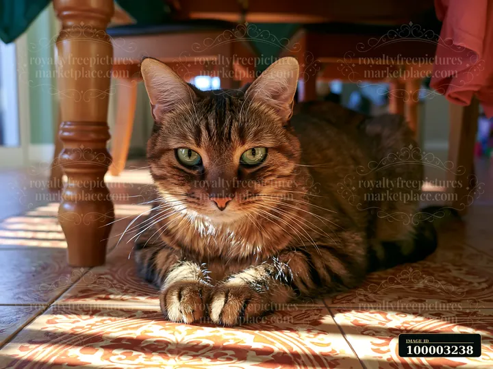 An Australian Mist cat lies on a patterned floor beneath a table, showcasing its features and relaxed posture in a well-lit room.