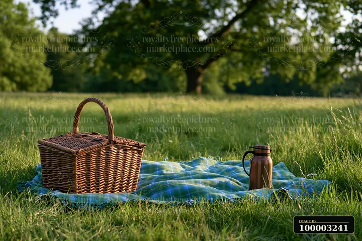 A picnic basket sits on a blanket in a freshly mowed meadow under a large tree.
