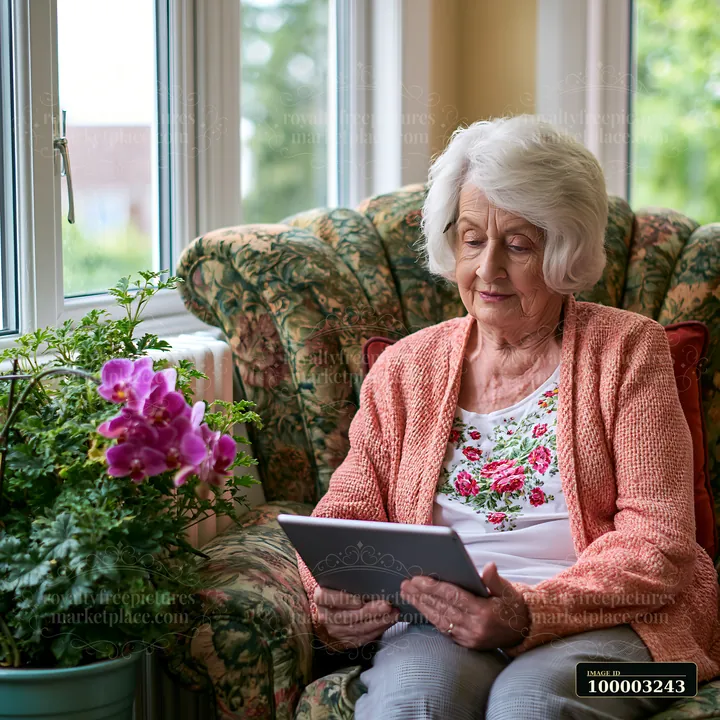 A Parkinson's patient using a tablet at home sits in a comfortable chair near a window.