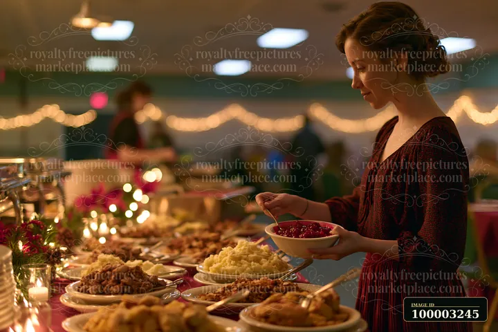 A woman in a dress serves cranberry sauce from a buffet table filled with various dishes at a festive setting.