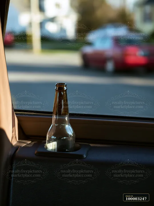 A clear glass bottle rests in the cup holder of a car.