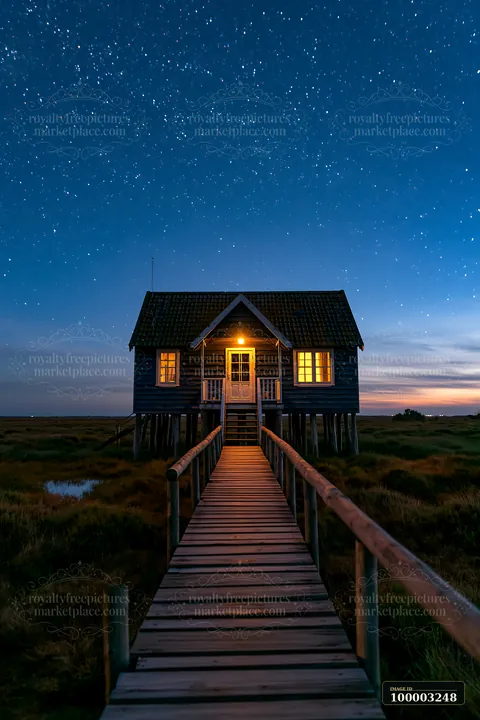 A house stands on stilts with a lit interior under a starry sky at blue hour.