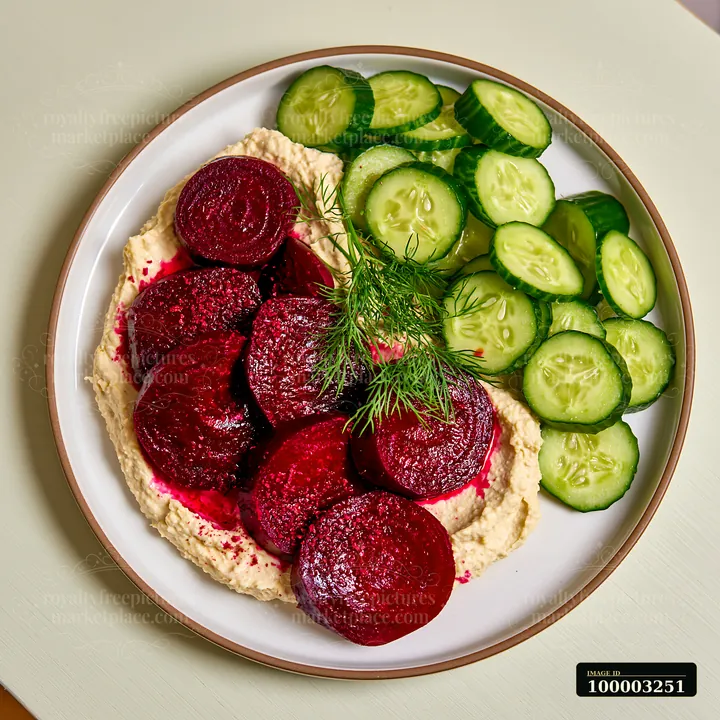 A breakfast plate features hummus topped with beetroot slices and cucumber on the side.