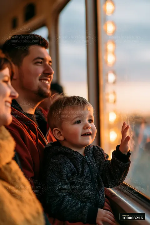A family enjoying a quiet moment on a Ferris wheel watches the sunset together.