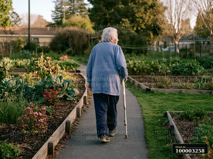 An older adult with Parkinson's disease walking with a cane along a path in a garden.