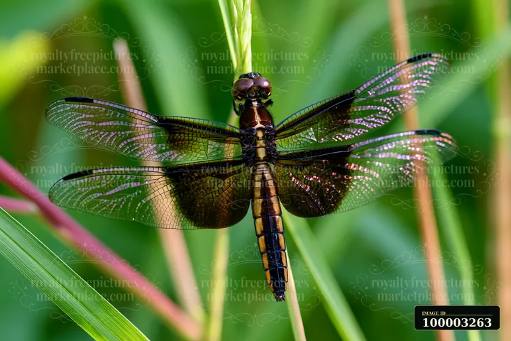 A dragonfly is perched on a blade of grass as the wind blowing through meadow grass creates a gentle movement in the surrounding greenery.