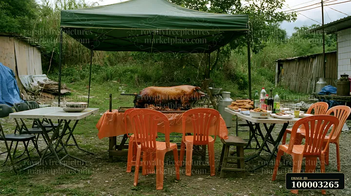 A whole pig prepared for festive dinner sits under a tent outdoors with tables and chairs arranged nearby.