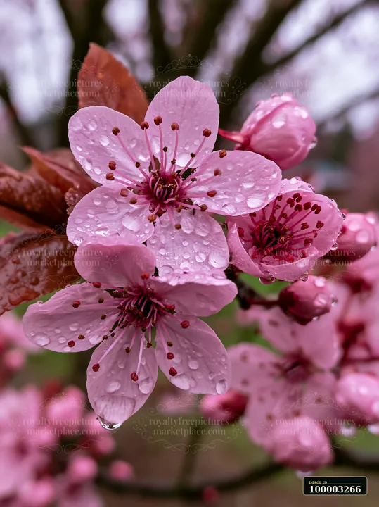 Plum trees flowering in an orchard show pink blossoms with raindrops.
