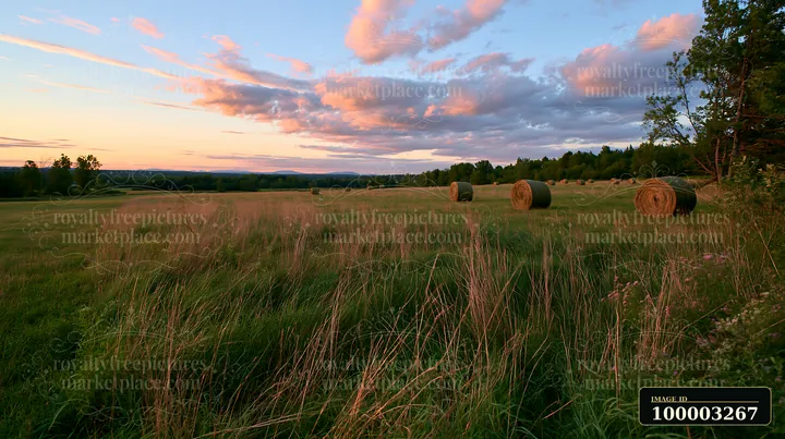 Wind blowing through meadow grass creates movement in the tall grass as the sun sets behind distant hills.