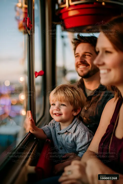 A family enjoys a quiet moment on a Ferris wheel as the sun sets, smiling and looking out.