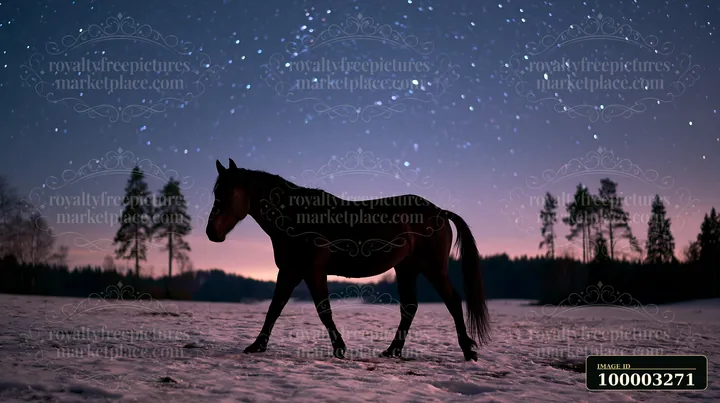 A horse moves across a snow-covered field under a clear starry sky.