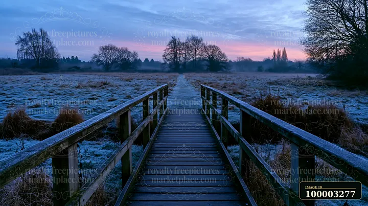 A wooden footbridge leads into a frost-covered meadow at dawn.