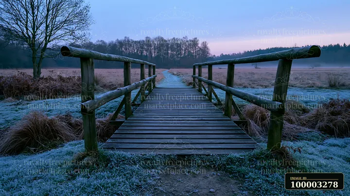 A wooden footbridge crosses a meadow, surrounded by grass and bare trees.