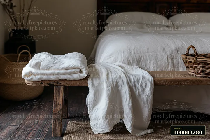 A rustic bedroom features a wooden bench with neatly folded linen items beside a large bed.