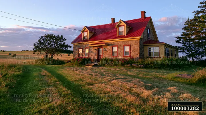 This restored farmhouse exterior features a red metal roof and stone walls, surrounded by a grassy field and trees under a blue sky during sunset.