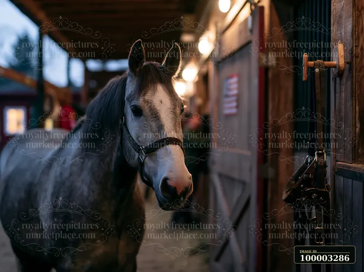 A gray horse stands inside a stable space illuminated by warm lights.